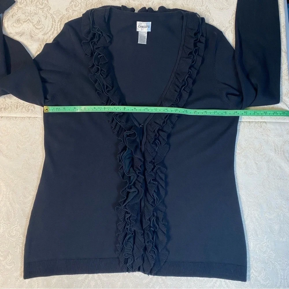 Chico’s Ruffled Black Dressy Cardigan Sweater Size 2 V-Neck Very Soft